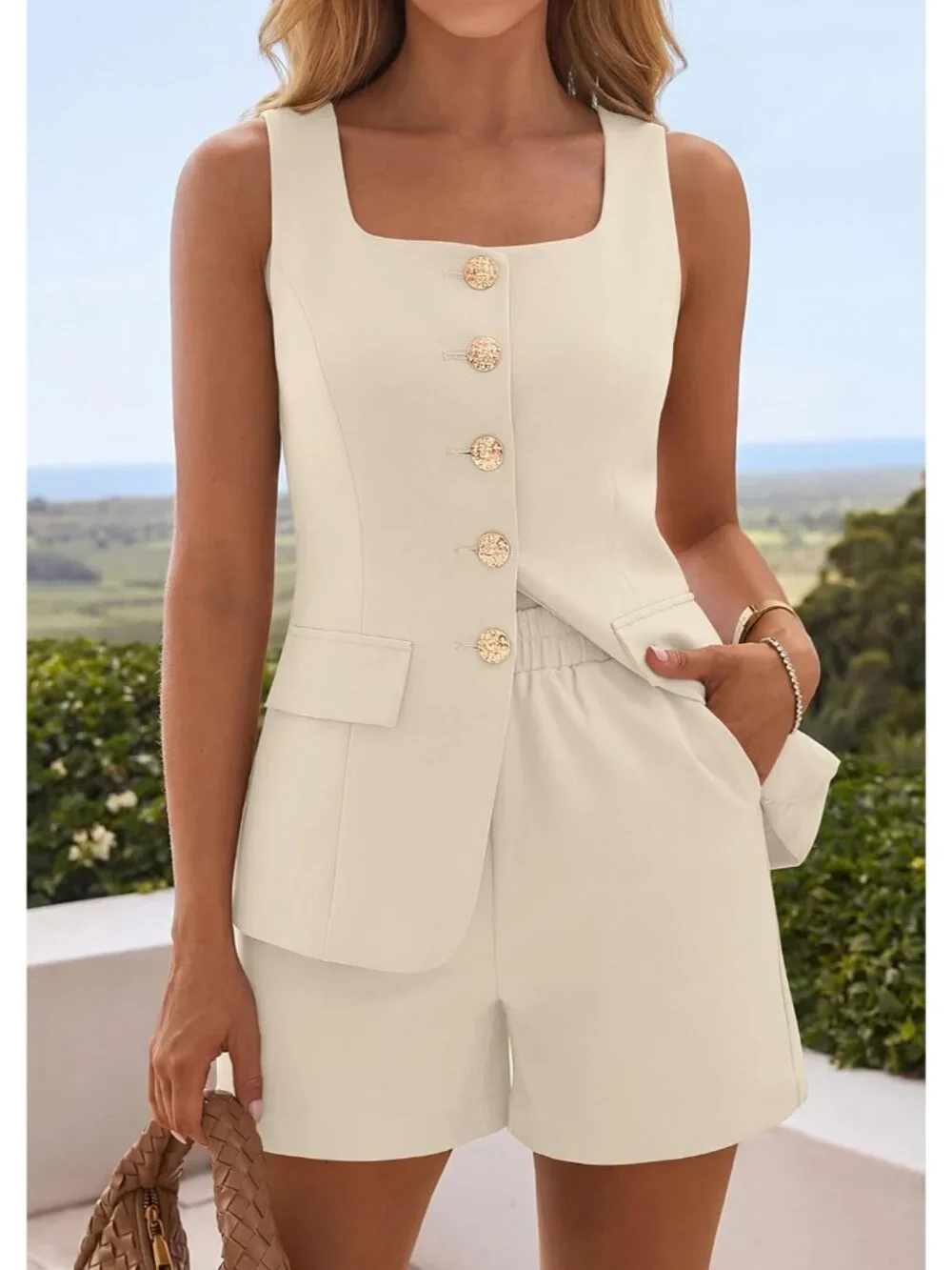 Womens 2 Piece Matching Sets 2026 Fashion Suit Vest Tops Shorts Set Spring Busin